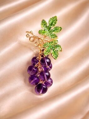 Purple  Grape Bead Cluster Crystal Leaves Brooch